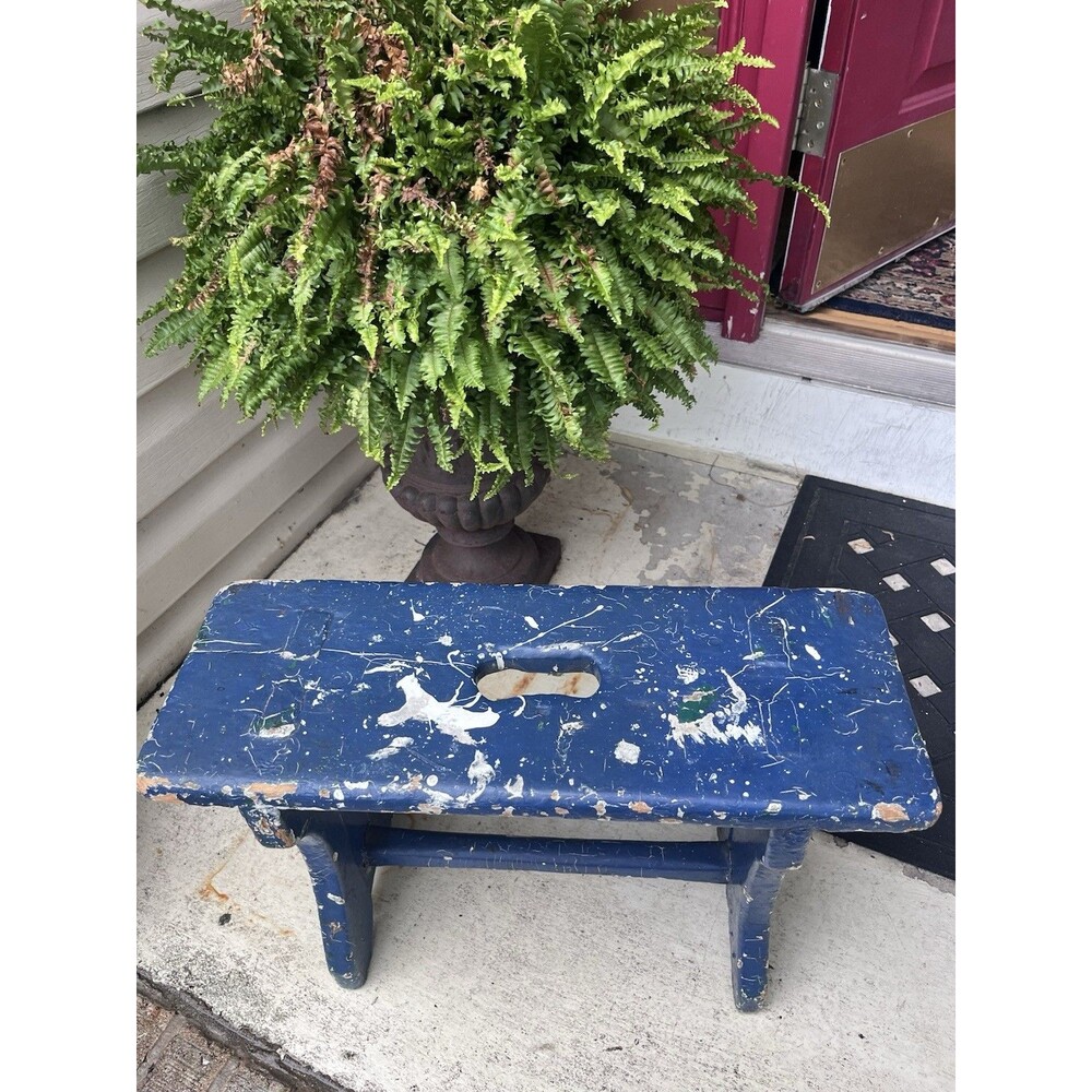 Antique Primitive Blue Splattered Stool Early 1900’s Rustic Chippy Cottage Home